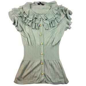 Alvin Valley Ruffle Short Sleeve Pearl Button Knit Top S Sage Green